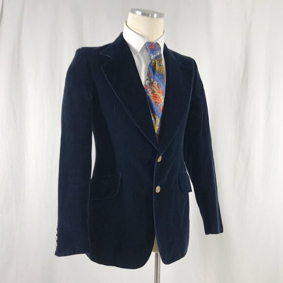 Vintage 70s Sport coat Velvet Velour Navy Blue Blazer Jacket Disco - Picture 3 of 7